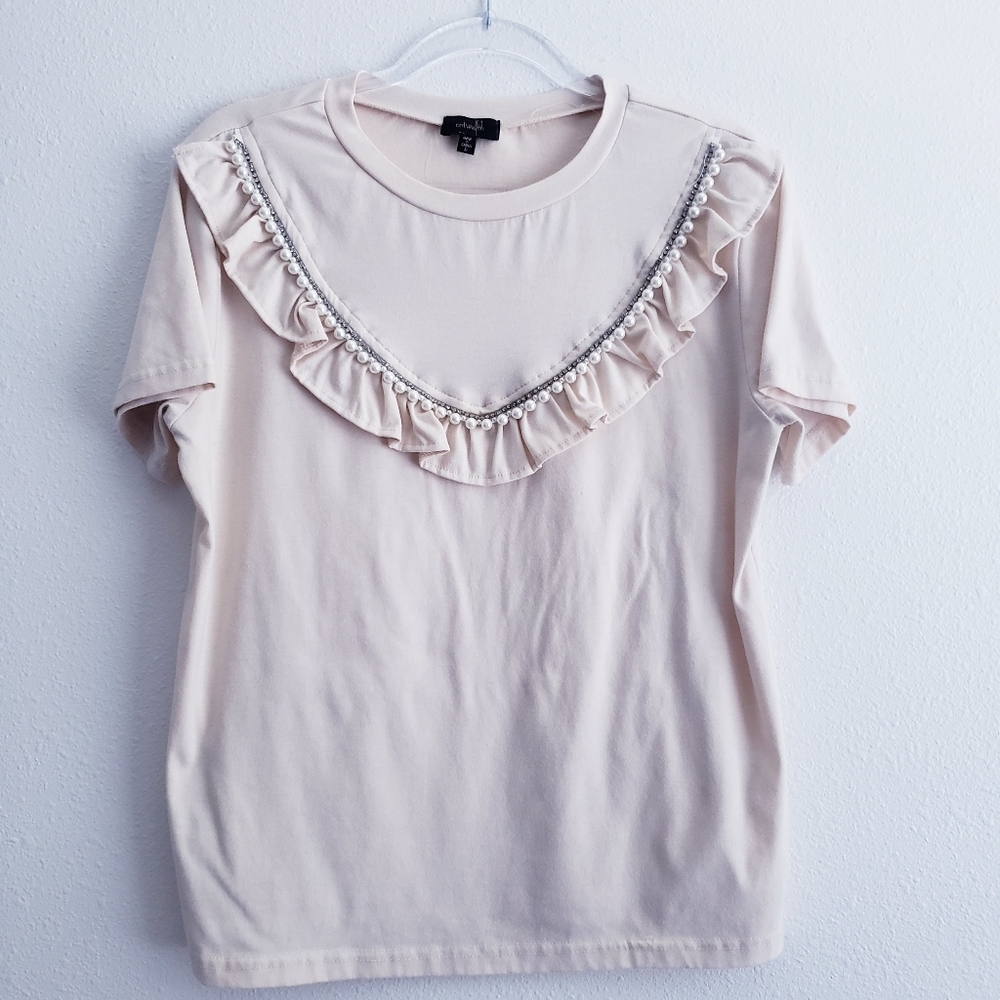 Ontwelfth Ruffle Beaded Short Sleeve Blouse Top